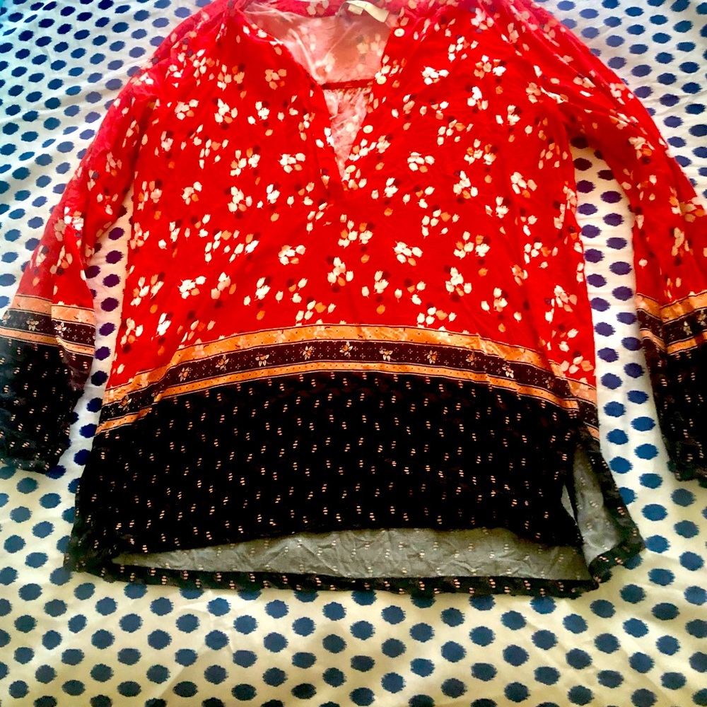 Red and navy blue floral blouse